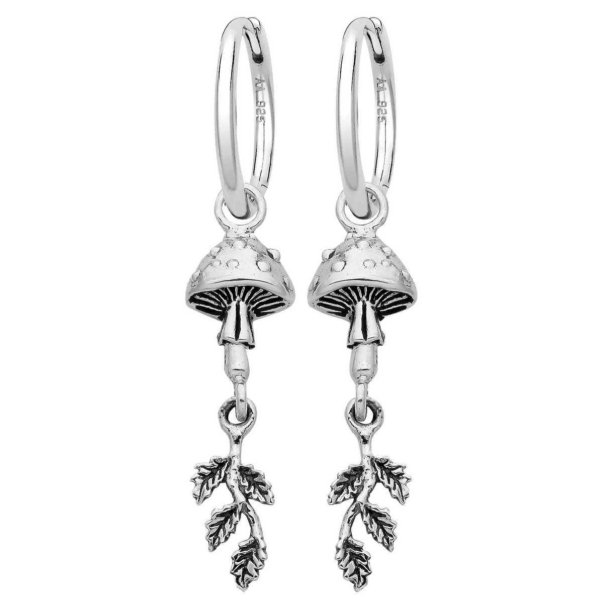 Sterling silver toadstool leaf hoops earrings nature alternative witchy jewellery